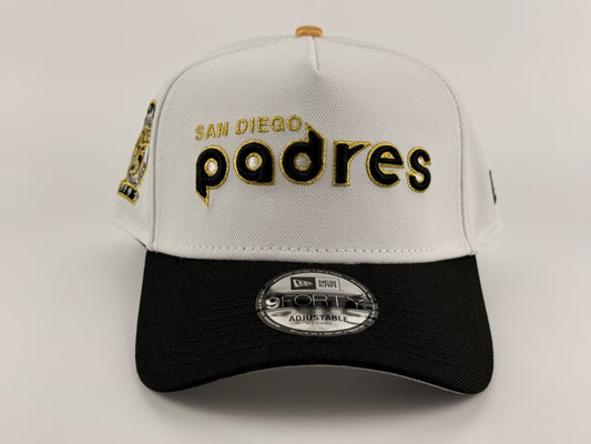San Diego Padres New Era Cap 9FORTY A-Frame Snapback Hat White Crown Black Visor Gold Stitch 25th Anniversary Side Patch