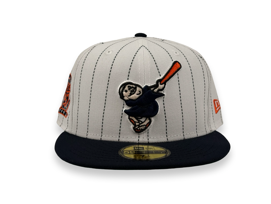 San Diego Padres Swinging Friar Pinstripes New Era Cap 59FIFTY Fitted Hat White Crown Navy Blue Visor 25th Anniversary Side Patch