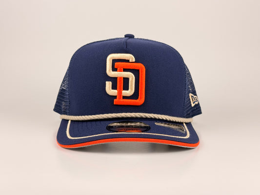 San Diego Padres MLB New Era Cap 9FIFTY A-Frame Snapback Hat Rope Trucker Mesh Navy Blue