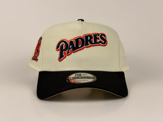 San Diego Padres New Era Cap 9FORTY A-Frame Snapback Hat Cream Crown Navy Blue Visor 25th Anniversary Side Patch