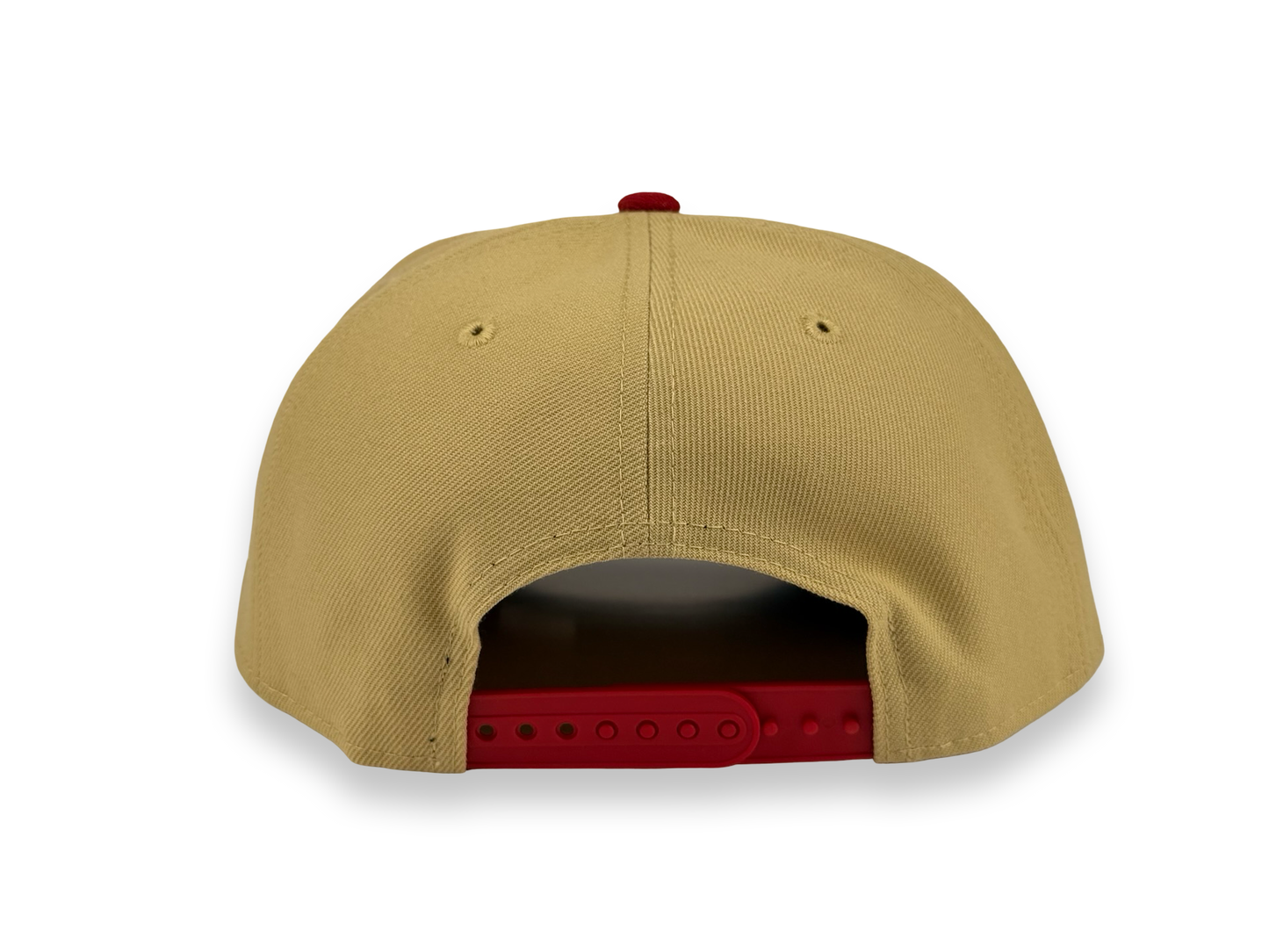 San Francisco 49ers Upside Down Script NFL New Era Cap 9FIFTY A-Frame Beige Crown Red Visor