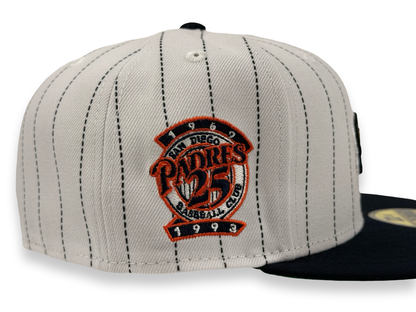 San Diego Padres Swinging Friar Pinstripes New Era Cap 59FIFTY Fitted Hat White Crown Navy Blue Visor 25th Anniversary Side Patch