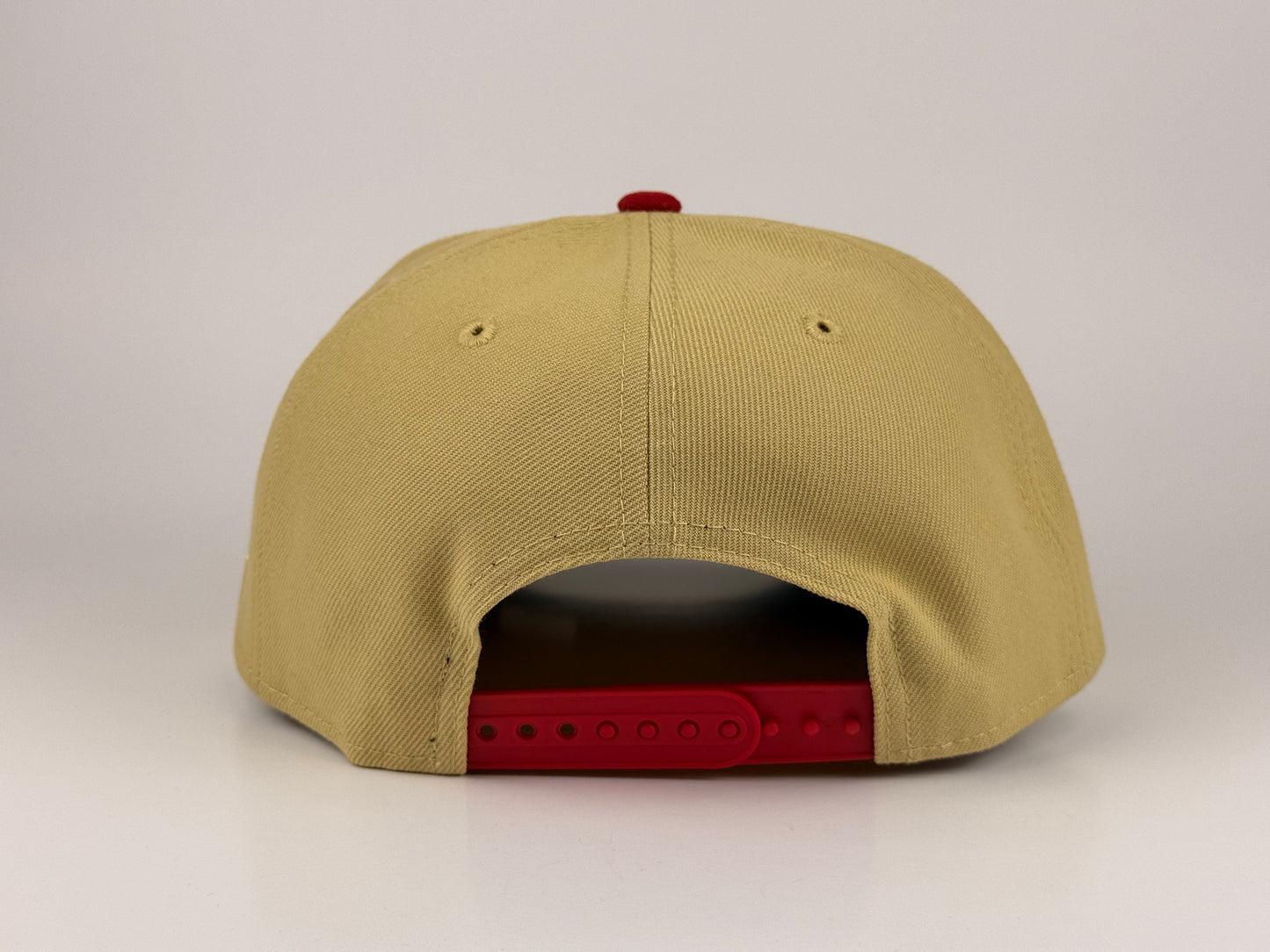 San Francisco 49ers Upside Down Script NFL New Era Cap 9FIFTY A-Frame Beige Crown Red Visor