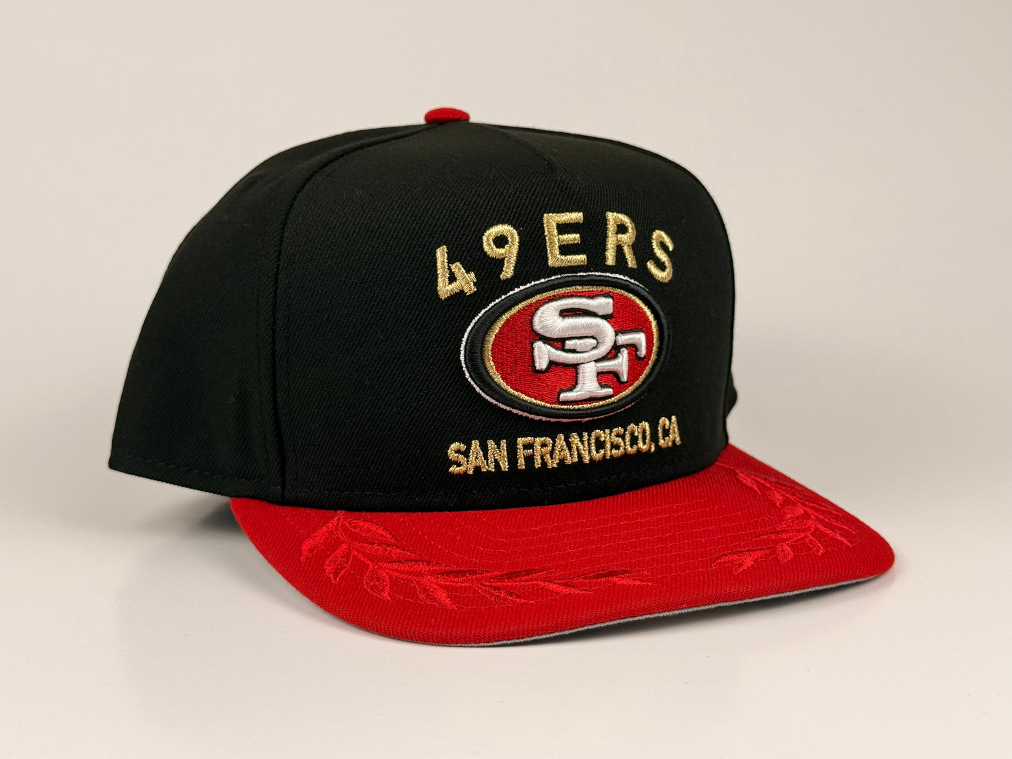 San Francisco 49rs New Era Cap 9FIFTY A-Frame Snapback Hat Black/Red Gold Stitch