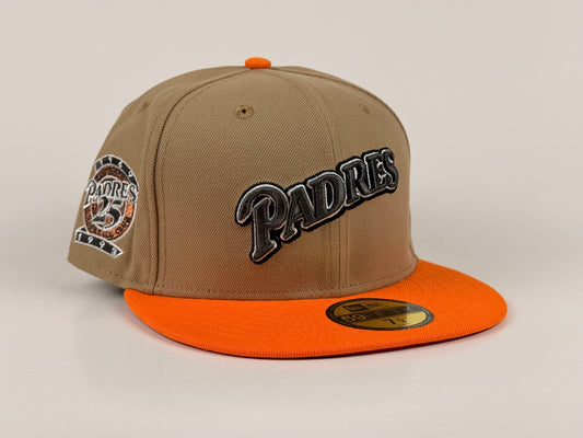 San Diego Padres New Era Cap 59FIFTY Fitted Hat Light Brown Crown Orange Visor Red Underbrim 25th Anniversary Side Patch