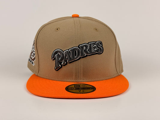 San Diego Padres New Era Cap 59FIFTY Fitted Hat Light Brown Crown Orange Visor Red Underbrim 25th Anniversary Side Patch