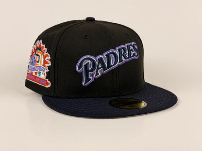 San Diego Padres New Era Cap 59FIFTY Fitted Hat Black Crown Navy Blue Visor Cactus League 1996 Side Patch