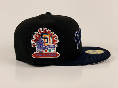 San Diego Padres New Era Cap 59FIFTY Fitted Hat Black Crown Navy Blue Visor Cactus League 1996 Side Patch