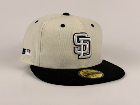 San Diego Padres New Era Cap 59FIFTY Fitted Hat Cream Crown Black Visor Green Underbrim Batterman Side Patch