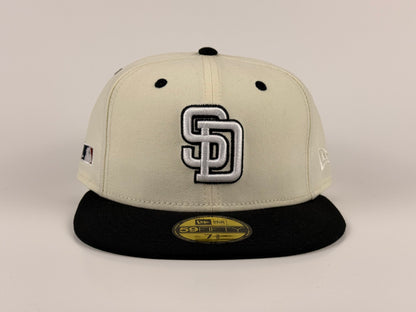 San Diego Padres New Era Cap 59FIFTY Fitted Hat Cream Crown Black Visor Green Underbrim Batterman Side Patch
