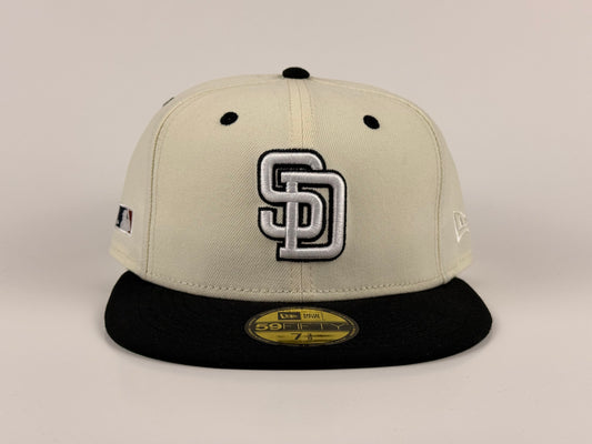 San Diego Padres New Era Cap 59FIFTY Fitted Hat Cream Crown Black Visor Green Underbrim Batterman Side Patch