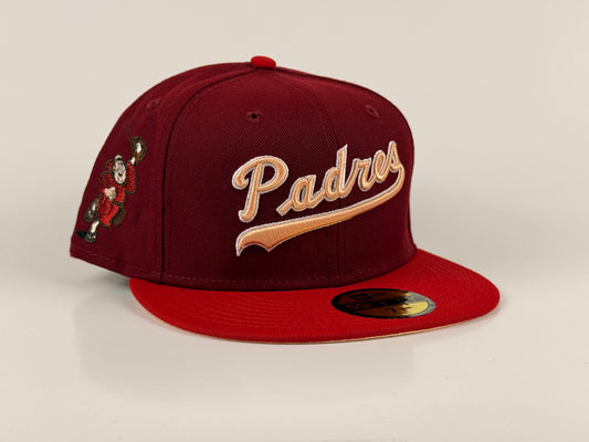 San Diego Padres New Era Cap 59FIFTY Fitted Hat Cardinal Red Peach Underbrim Swinging Friar Side Patch
