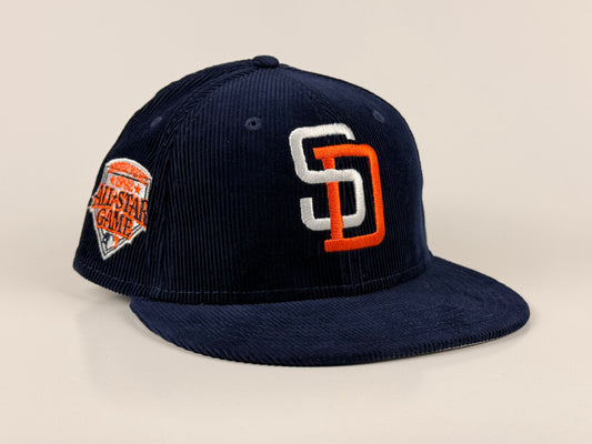 San Diego Padres New Era Cap 59FIFTY Fitted Hat Navy Blue Full Corduroy 1992 All Star Game Side Patch