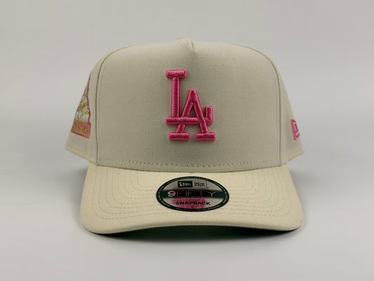 Los Angeles Dodgers New Era Cap 9FIFTY A-Frame Snapback Hat Full Cream with Pink First World Series Side Patch
