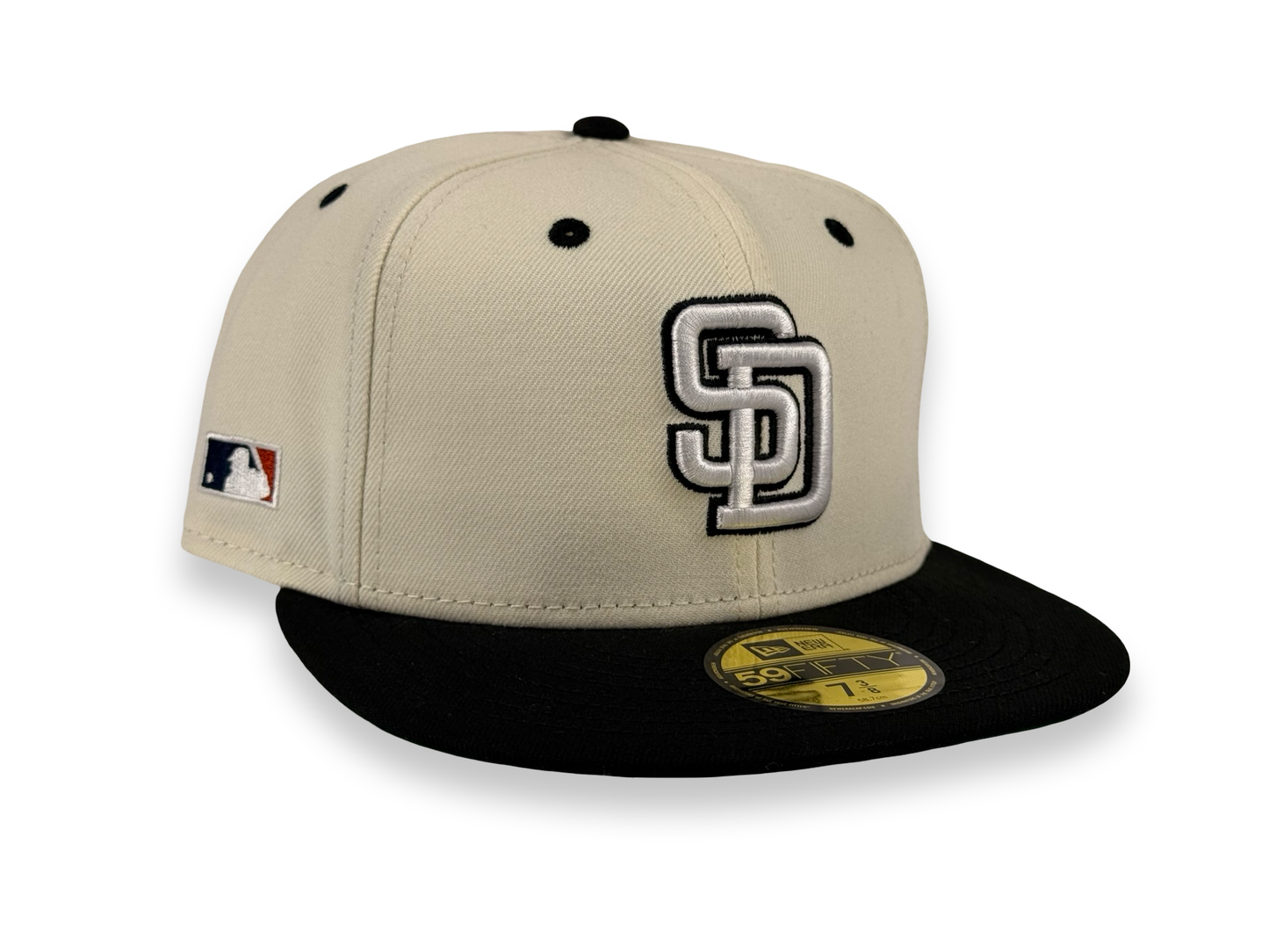 San Diego Padres New Era Cap 59FIFTY Fitted Hat Cream Crown Black Visor Green Underbrim Batterman Side Patch
