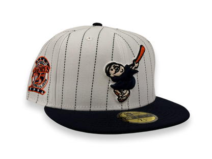 San Diego Padres Swinging Friar Pinstripes New Era Cap 59FIFTY Fitted Hat White Crown Navy Blue Visor 25th Anniversary Side Patch