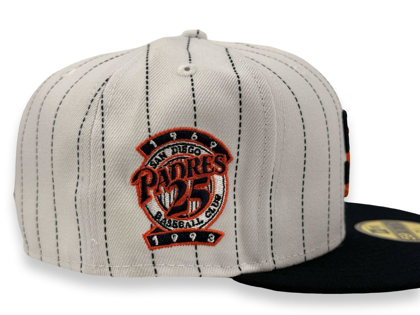 San Diego Padres Pinstripe New Era Cap 59FIFTY Fitted Hat White Crown Navy Blue Visor 25th Anniversary Side Patch