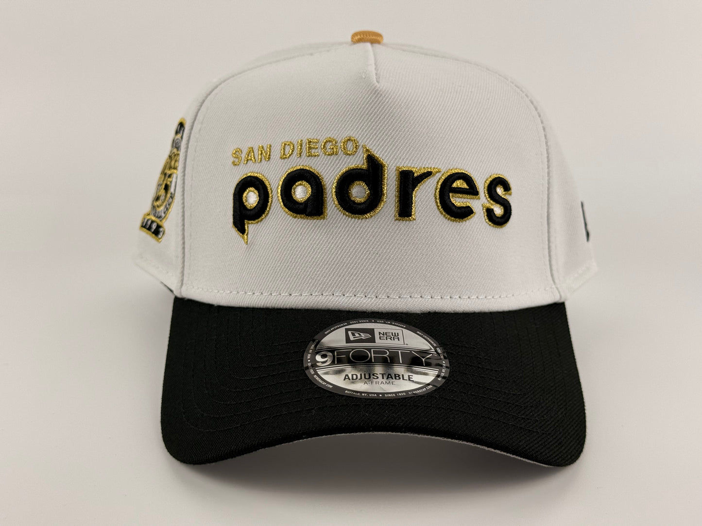 San Diego Padres New Era Cap 9FORTY A-Frame Snapback Hat White Crown Black Visor Gold Stitch 25th Anniversary Side Patch