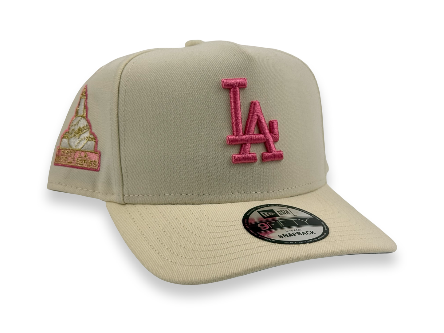 Los Angeles Dodgers New Era Cap 9FIFTY A-Frame Snapback Hat Full Cream with Pink First World Series Side Patch
