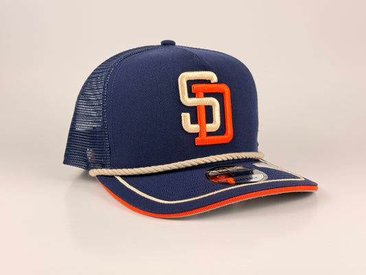 San Diego Padres MLB New Era Cap 9FIFTY A-Frame Snapback Hat Rope Trucker Mesh Navy Blue