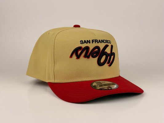 San Francisco 49ers Upside Down Script NFL New Era Cap 9FIFTY A-Frame Beige Crown Red Visor
