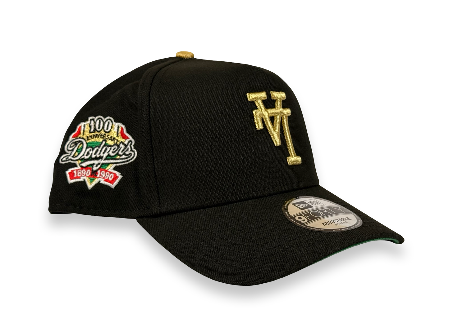Los Angeles Dodgers New Era Cap 9FORTY A-Frame Upside Down LA Black/Gold Stitch 100th Anniversary Side Patch