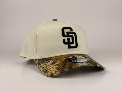 San Diego Padres MLB New Era Cap 9FORTY A-Frame Snapback Hat Cream Crown Real Tree Camo Visor