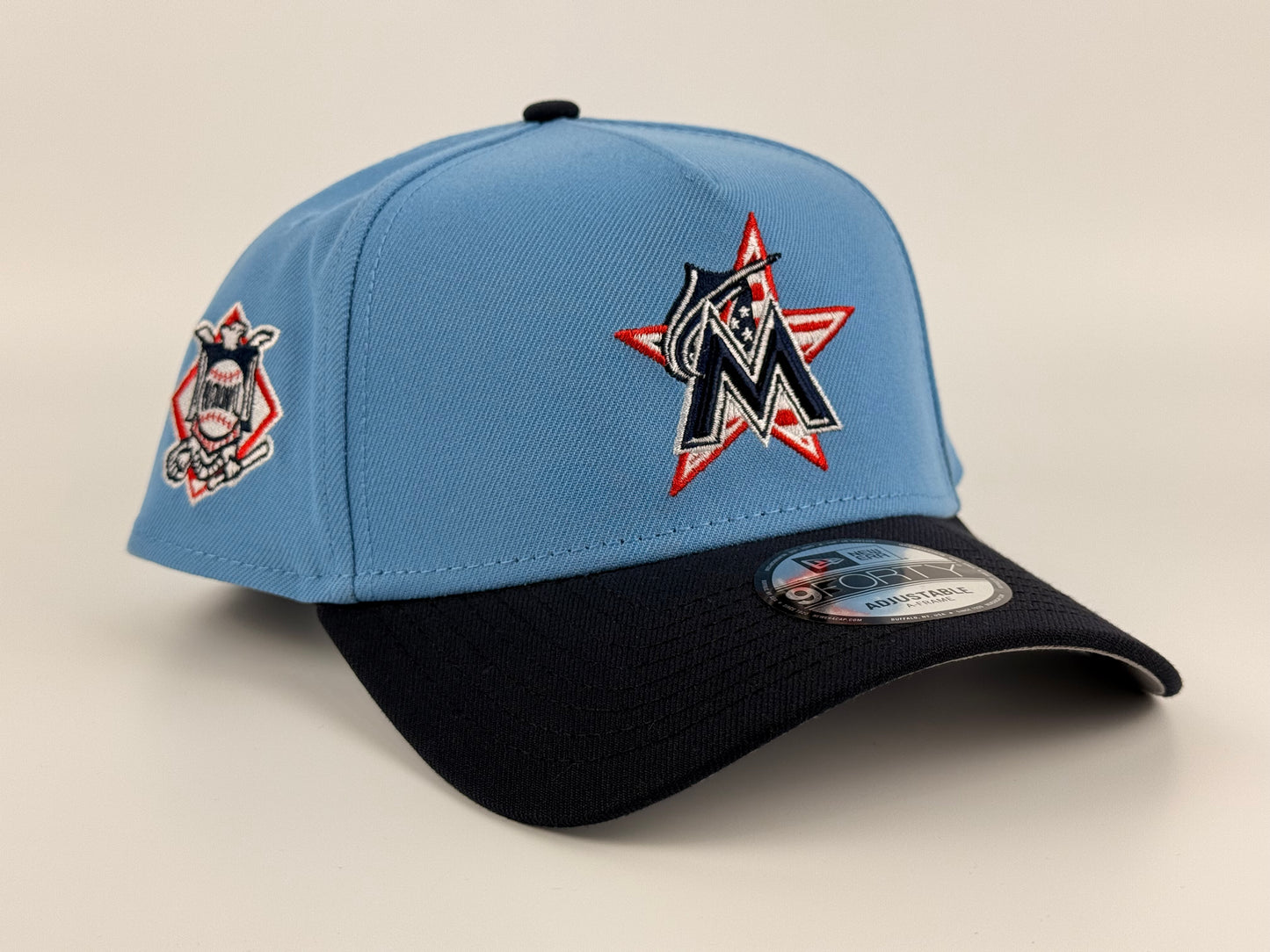 Miami Marlins New Era Cap 9FORTY A-Frame Snapback Hat Sky Blue Navy Visor National League Side Patch