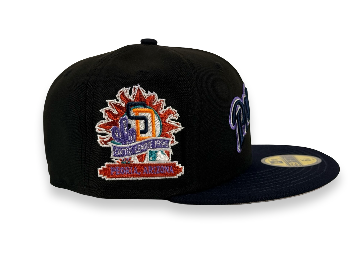 San Diego Padres New Era Cap 59FIFTY Fitted Hat Black Crown Navy Blue Visor Cactus League 1996 Side Patch