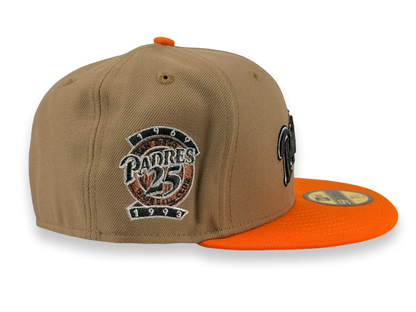 San Diego Padres New Era Cap 59FIFTY Fitted Hat Light Brown Crown Orange Visor Red Underbrim 25th Anniversary Side Patch