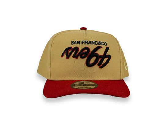San Francisco 49ers Upside Down Script NFL New Era Cap 9FIFTY A-Frame Beige Crown Red Visor