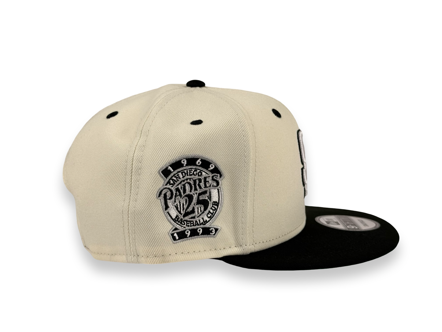 San Diego Padres MLB New Era Cap 9FIFTY Snapback Hat Cream Crown Black Visor 25th Anniversary Side Patch