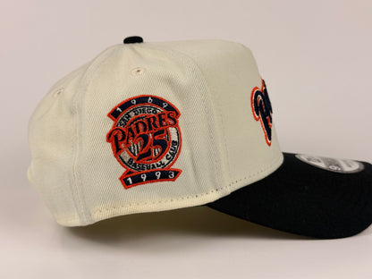 San Diego Padres New Era Cap 9FORTY A-Frame Snapback Hat Cream Crown Navy Blue Visor 25th Anniversary Side Patch