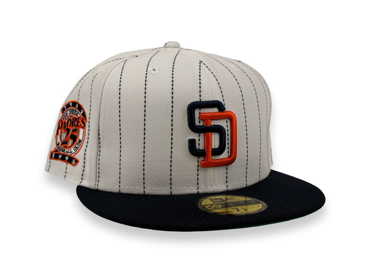 San Diego Padres Pinstripe New Era Cap 59FIFTY Fitted Hat White Crown Navy Blue Visor 25th Anniversary Side Patch