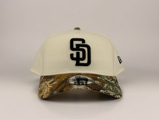 San Diego Padres MLB New Era Cap 9FORTY A-Frame Snapback Hat Cream Crown Real Tree Camo Visor