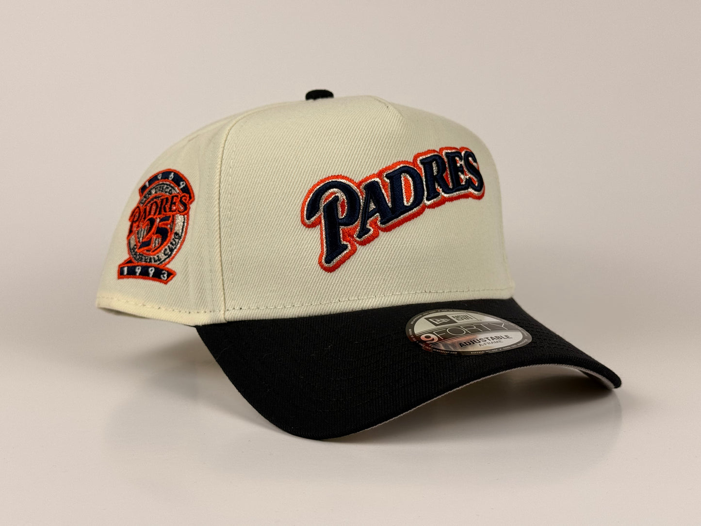 San Diego Padres New Era Cap 9FORTY A-Frame Snapback Hat Cream Crown Navy Blue Visor 25th Anniversary Side Patch