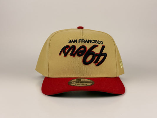 San Francisco 49ers Upside Down Script NFL New Era Cap 9FIFTY A-Frame Beige Crown Red Visor