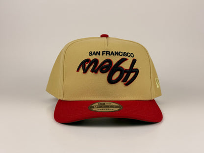San Francisco 49ers Upside Down Script NFL New Era Cap 9FIFTY A-Frame Beige Crown Red Visor