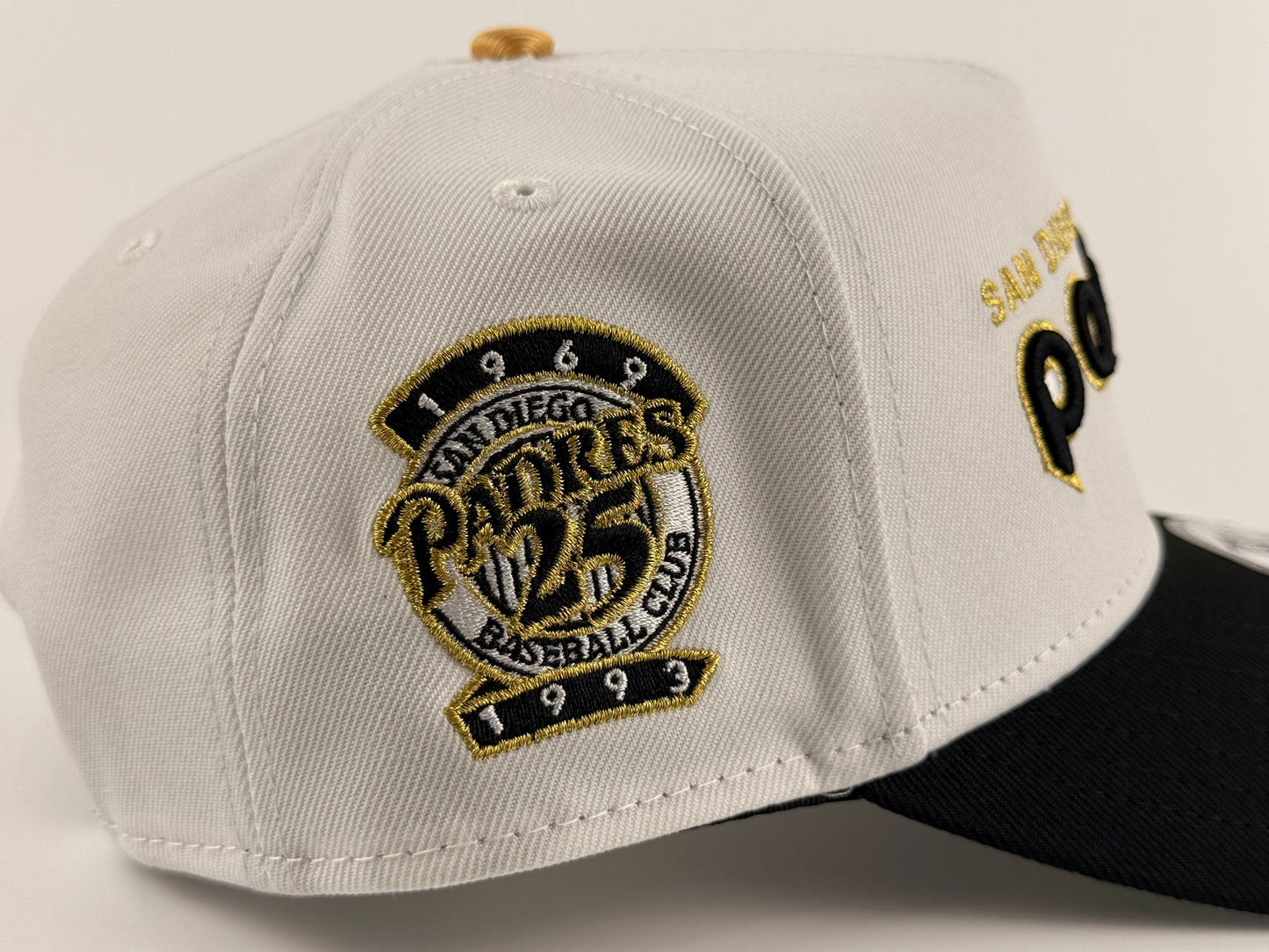 San Diego Padres New Era Cap 9FORTY A-Frame Snapback Hat White Crown Black Visor Gold Stitch 25th Anniversary Side Patch