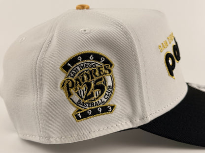 San Diego Padres New Era Cap 9FORTY A-Frame Snapback Hat White Crown Black Visor Gold Stitch 25th Anniversary Side Patch