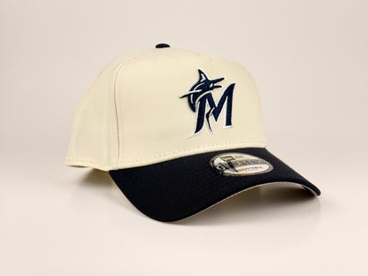 Miami Marlins MLB New Era Cap 9FORTY A-Frame Snapback Hat Cream Crown Navy Blue Visor