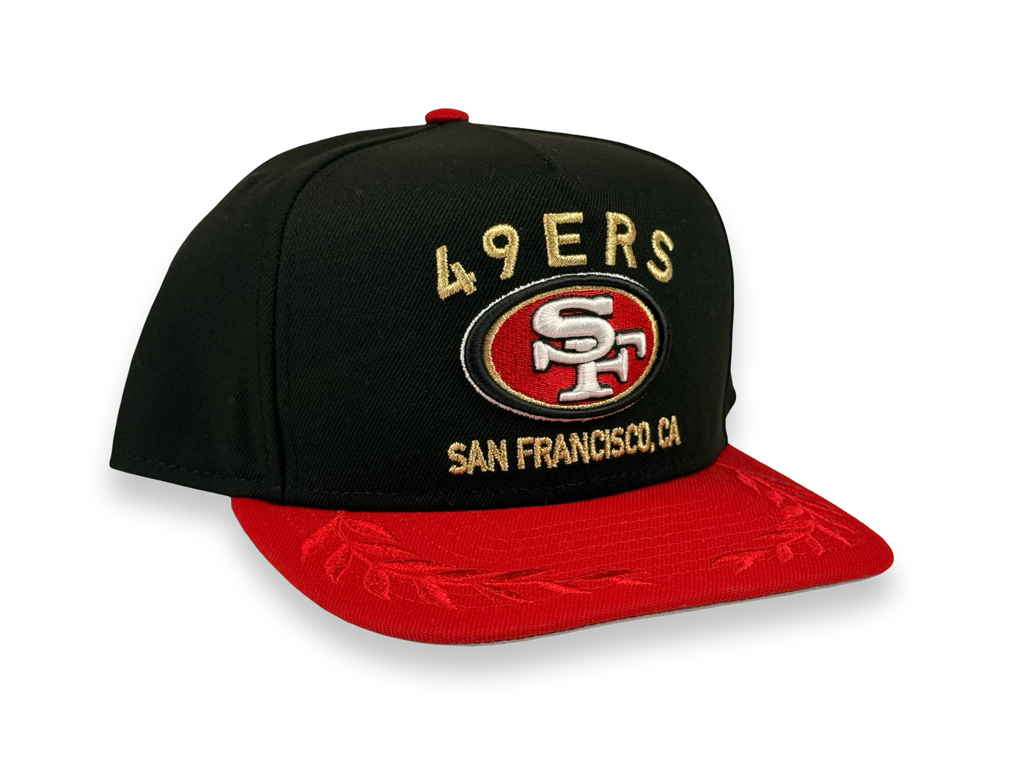 San Francisco 49ers New Era Cap 9FIFTY A-Frame Snapback Hat Black/Red Gold Stitch