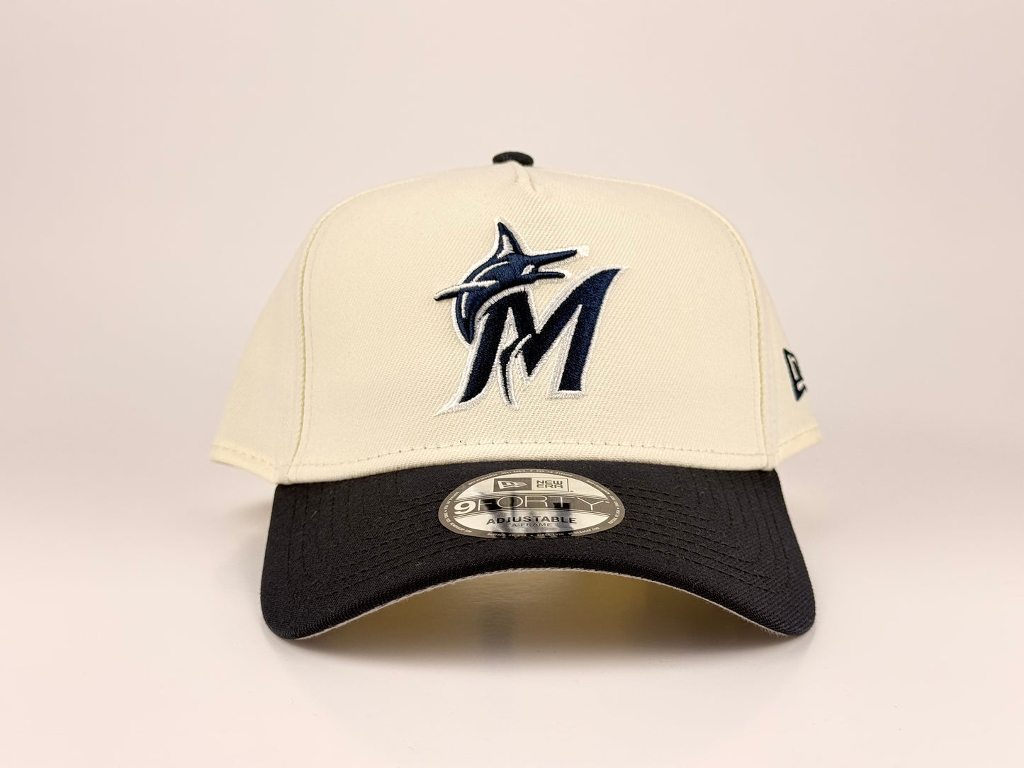 Miami Marlins MLB New Era Cap 9FORTY A-Frame Snapback Hat Cream Crown Navy Blue Visor