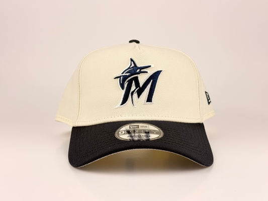 Miami Marlins MLB New Era Cap 9FORTY A-Frame Snapback Hat Cream Crown Navy Blue Visor