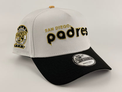San Diego Padres New Era Cap 9FORTY A-Frame Snapback Hat White Crown Black Visor Gold Stitch 25th Anniversary Side Patch
