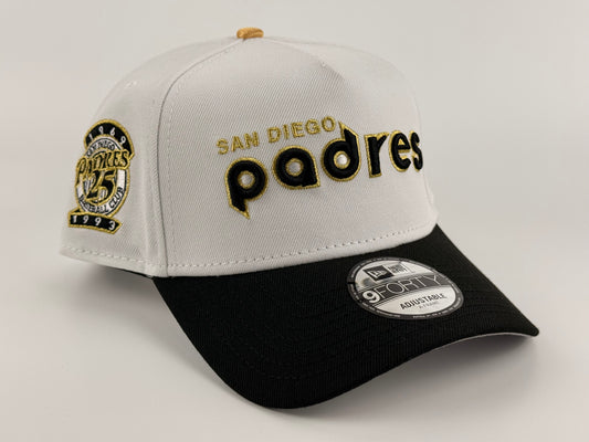 San Diego Padres New Era Cap 9FORTY A-Frame Snapback Hat White Crown Black Visor Gold Stitch 25th Anniversary Side Patch