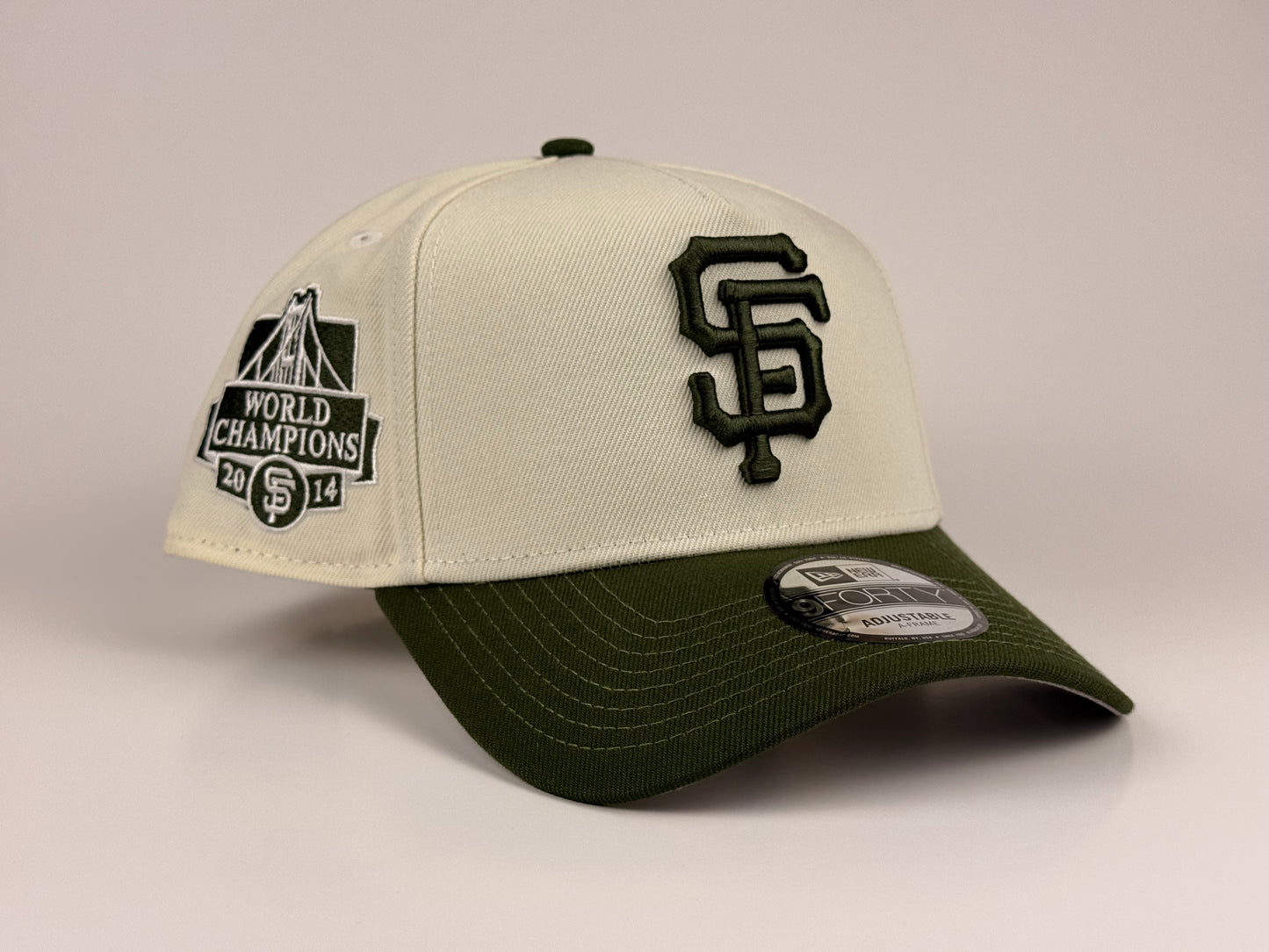 San Francisco Giants New Era Cap 9FORTY A-Frame Snapback Hat Cream Crown Army Green Visor 2014 World Series Side Patch