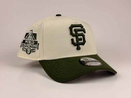 San Francisco Giants New Era Cap 9FORTY A-Frame Snapback Hat Cream Crown Army Green Visor 2014 World Series Side Patch