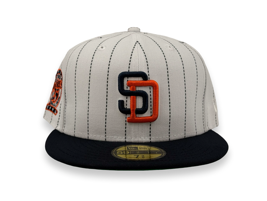 San Diego Padres Pinstripe New Era Cap 59FIFTY Fitted Hat White Crown Navy Blue Visor 25th Anniversary Side Patch
