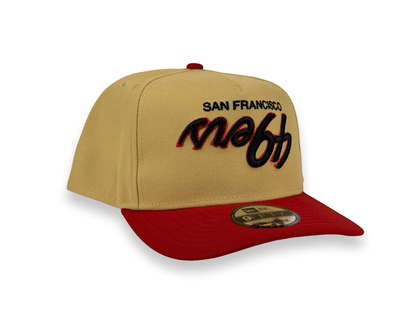 San Francisco 49ers Upside Down Script NFL New Era Cap 9FIFTY A-Frame Beige Crown Red Visor
